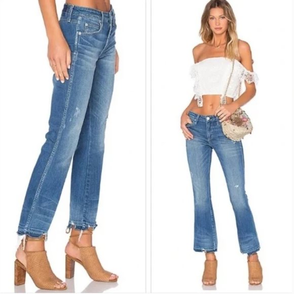 AMO Jane Blue Bell Light Wash Raw Hem Flared Crop Jeans 28 - Picture 1 of 6